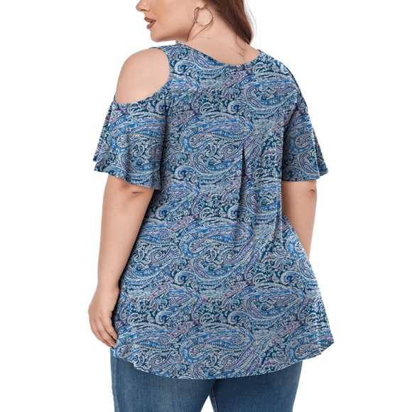 JuneFish Women's NWT Blue Paisley Cold Shoulder High-Low Tunic Blouse 1X (14-16) - Picture 11 of 13